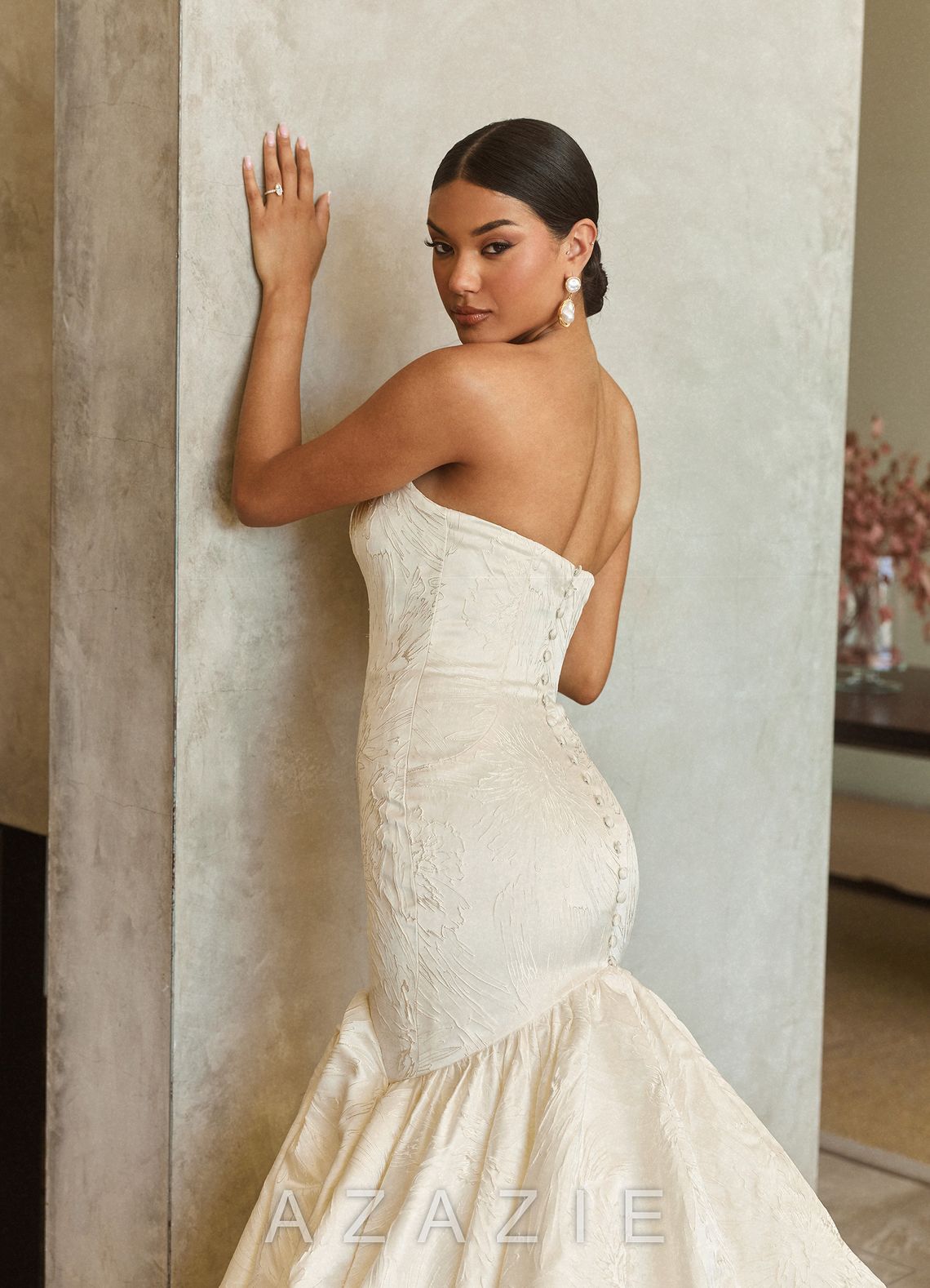 Azazie Quinta Antique White Mermaid Strapless Floral Jacquard Dress antique_white