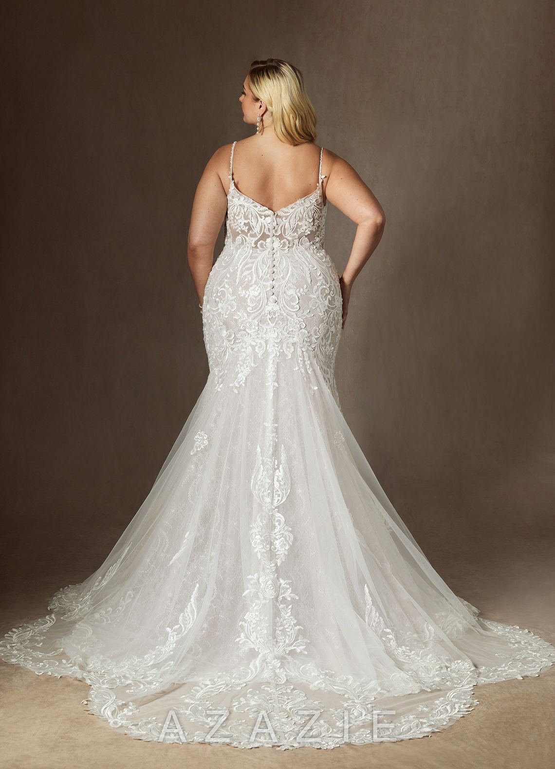 Azazie Camlynn Wedding Dress Diamond White Mermaid V-Neck Sequins Tulle Dress diamond_white