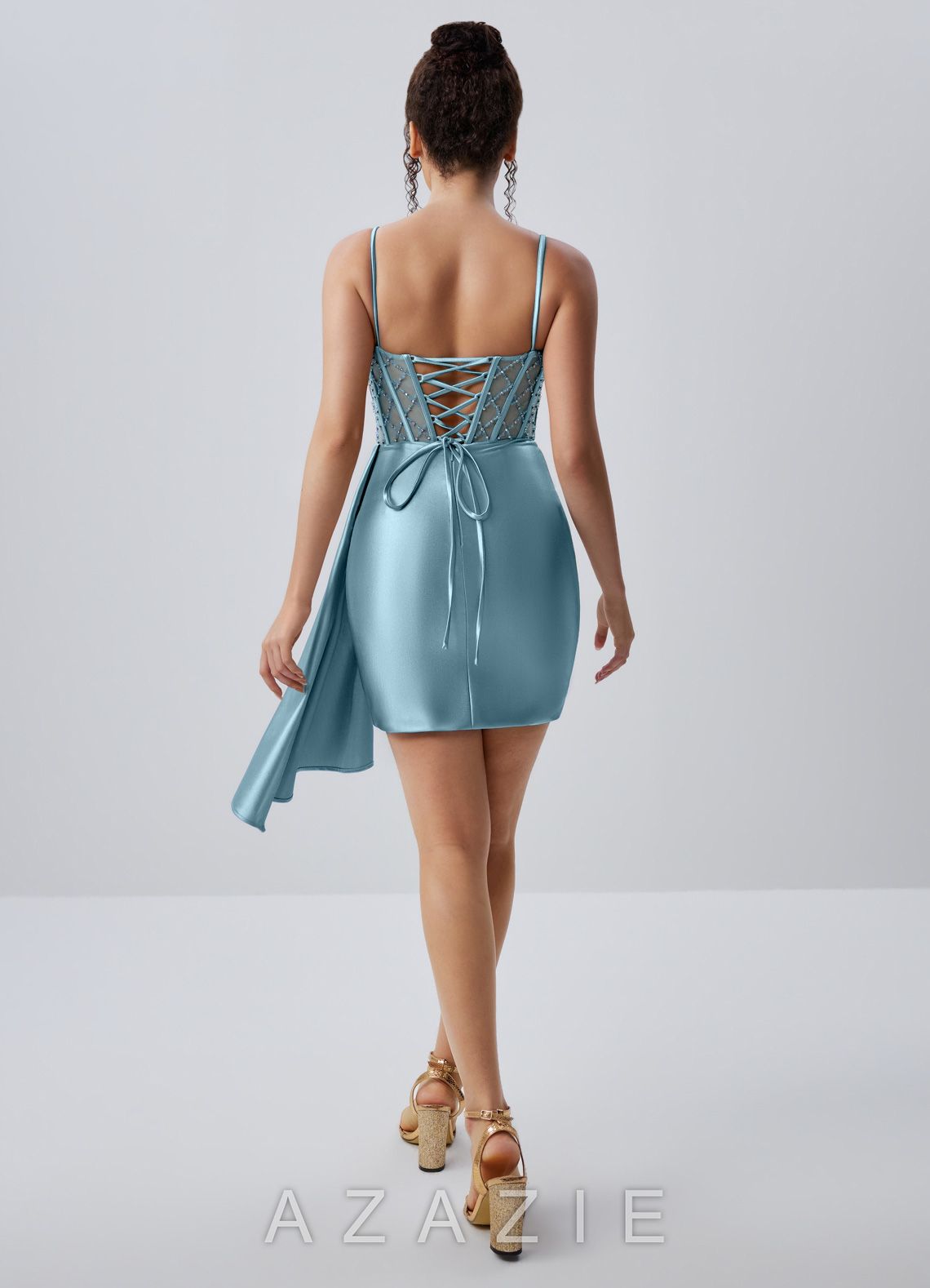Evlineaange Dusty Blue Stretch Satin Corset Beading Rhinestones Mini Dress