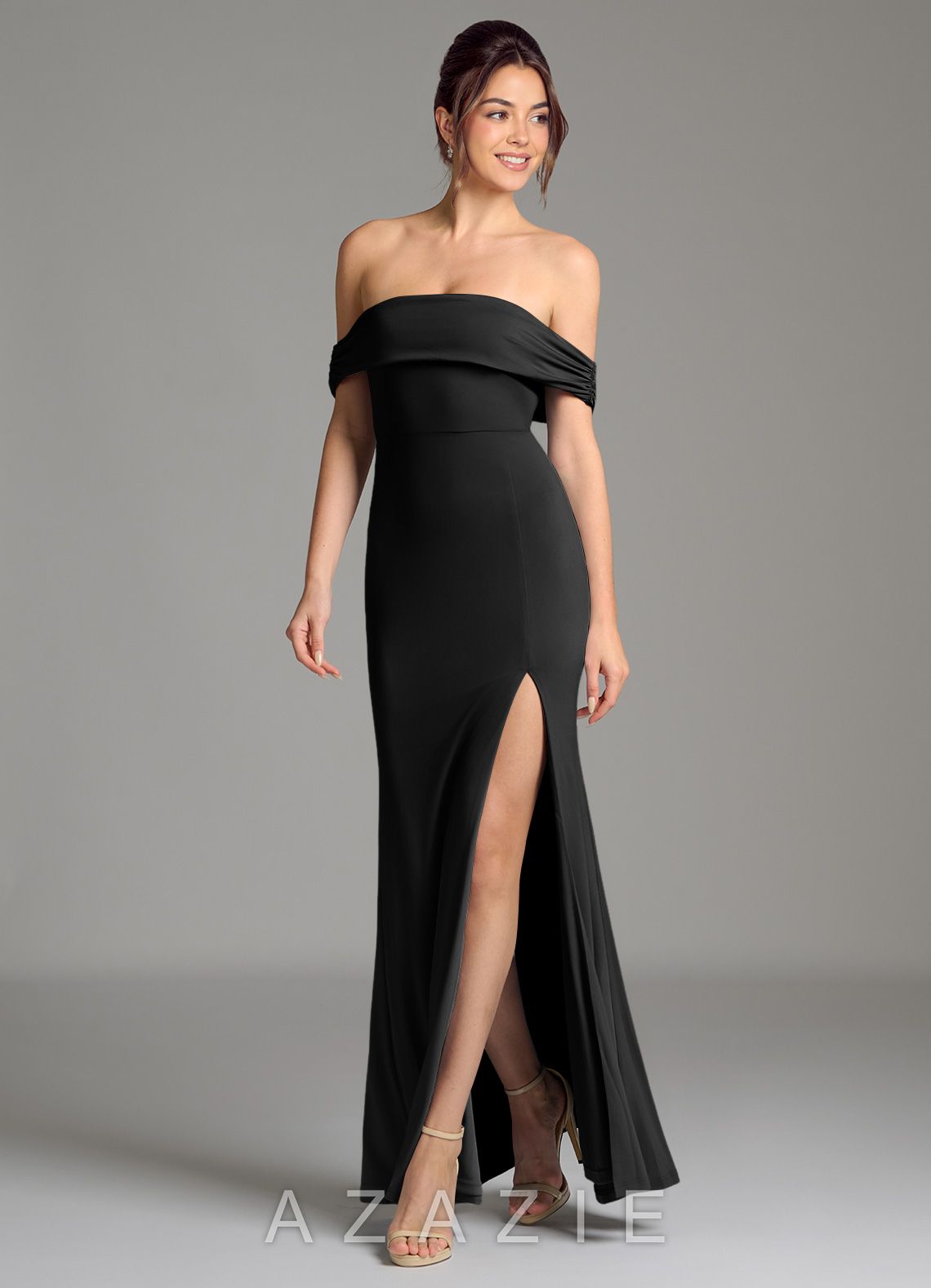 Azazie Evangelia Black Mermaid Off the Shoulder Premium Stretch Jersey Dress black