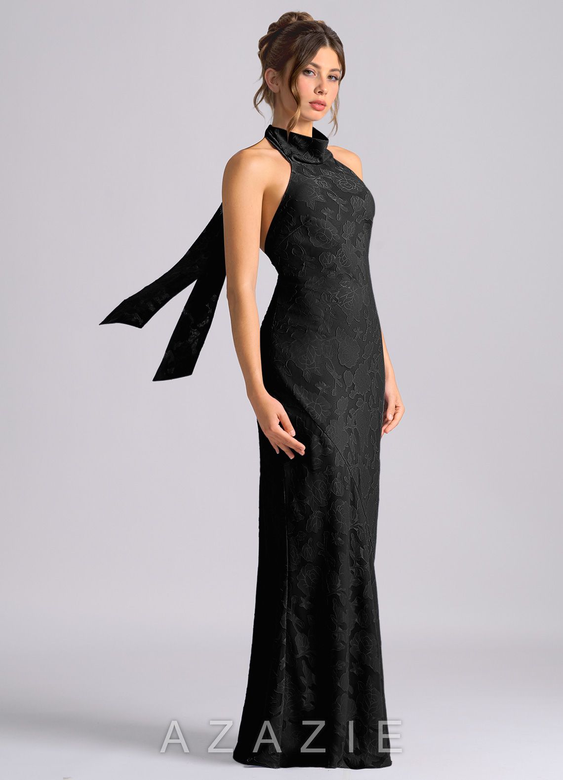 Azazie Velli Black Mermaid High Neck Floral Burnout Dress black