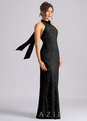 Azazie Velli Black Mermaid High Neck Floral Burnout Dress black