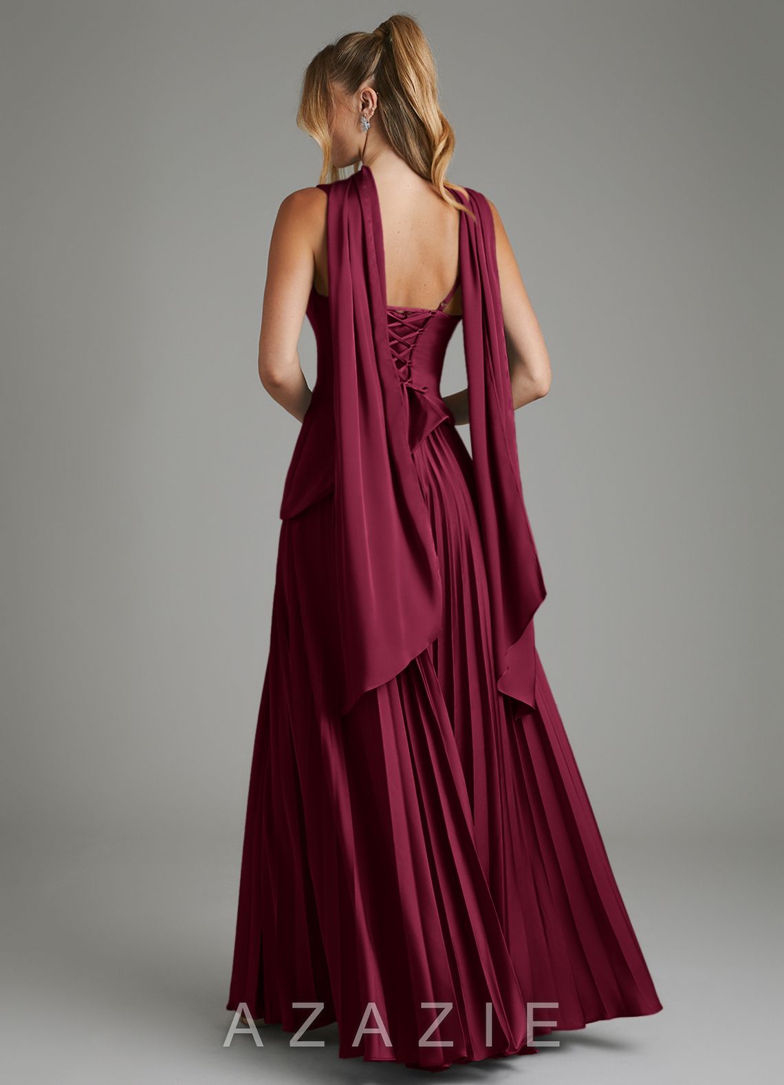 Azazie Stephanie Burgundy A-Line Corset Stretch Satin Dress burgundy