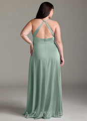 Azazie Davis Agave A-Line Pleated Stretch Satin Dress agave