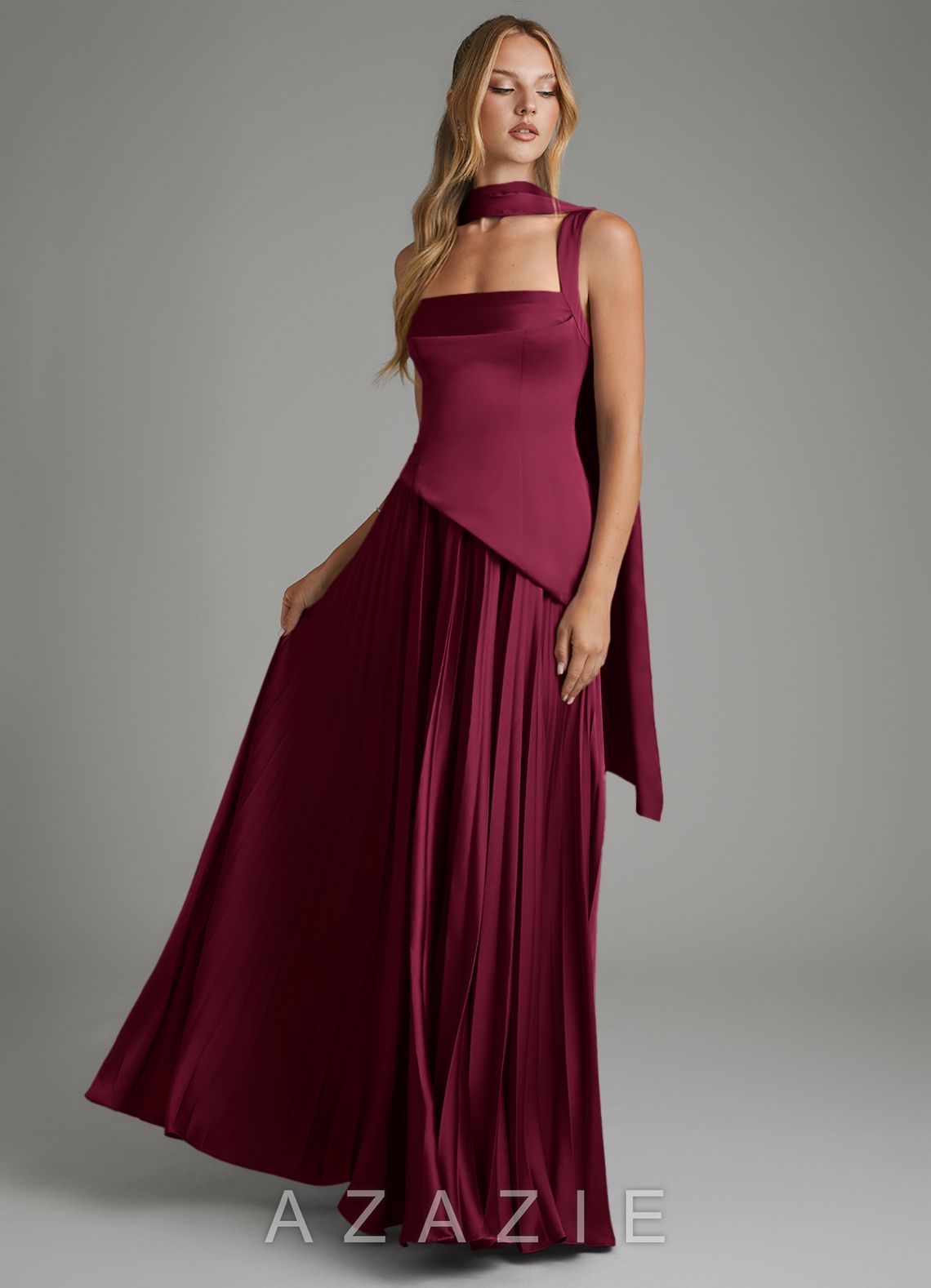 Azazie Stephanie Burgundy A-Line Corset Stretch Satin Dress burgundy