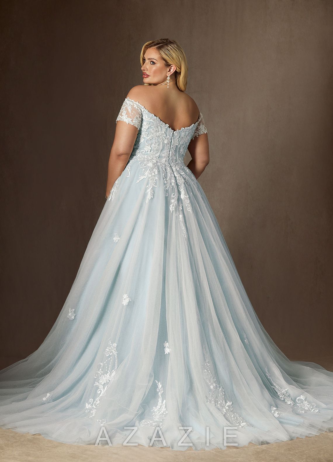 Azazie Rowe Wedding Dress Cloudy Blue Ball-Gown Off the Shoulder Tulle Dress