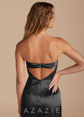 Azazie Leonis Black Mermaid Pleated Metallic Satin Convertible Dress black
