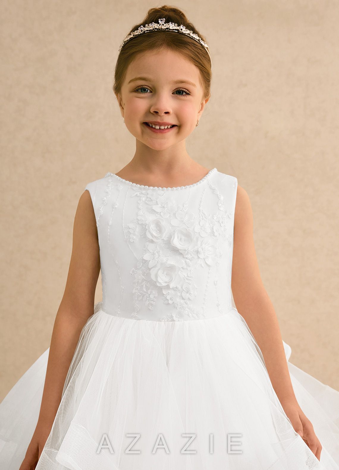 Azazie Claire Ivory Ball-Gown Beaded Tulle Dress ivory