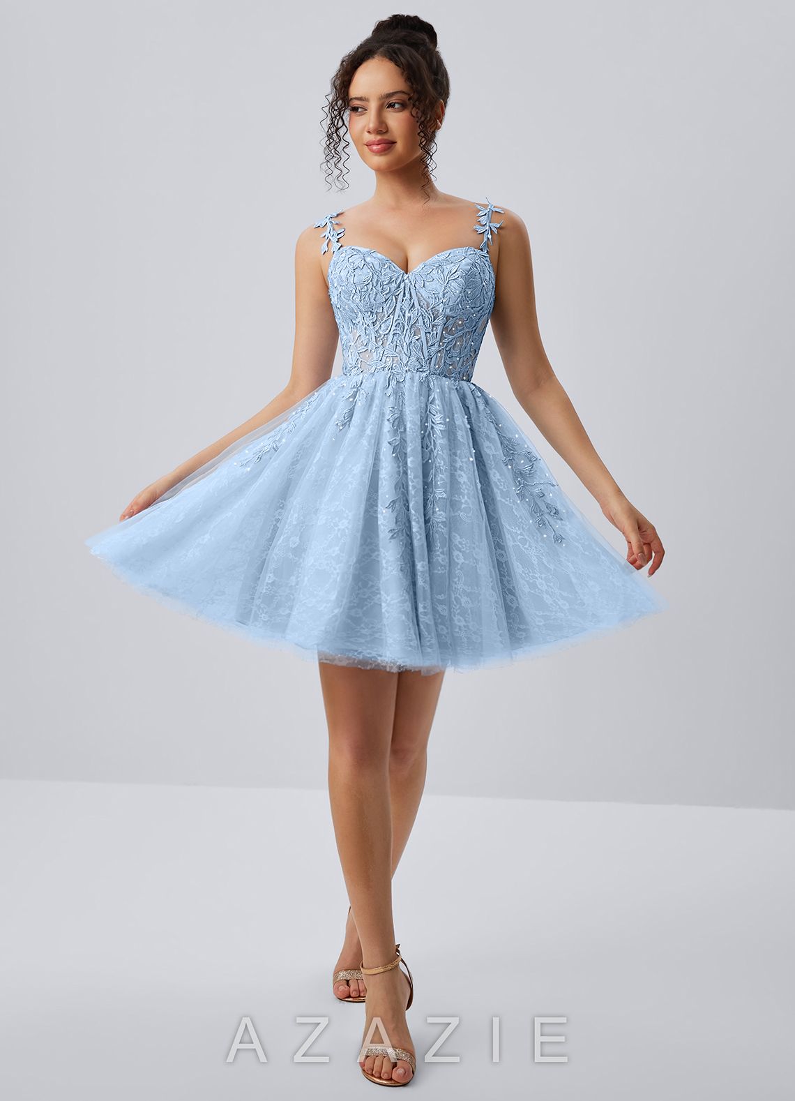 Raphinase Sky Blue Lace Tulle Beading Corset A line Lace-Up Mini Dress