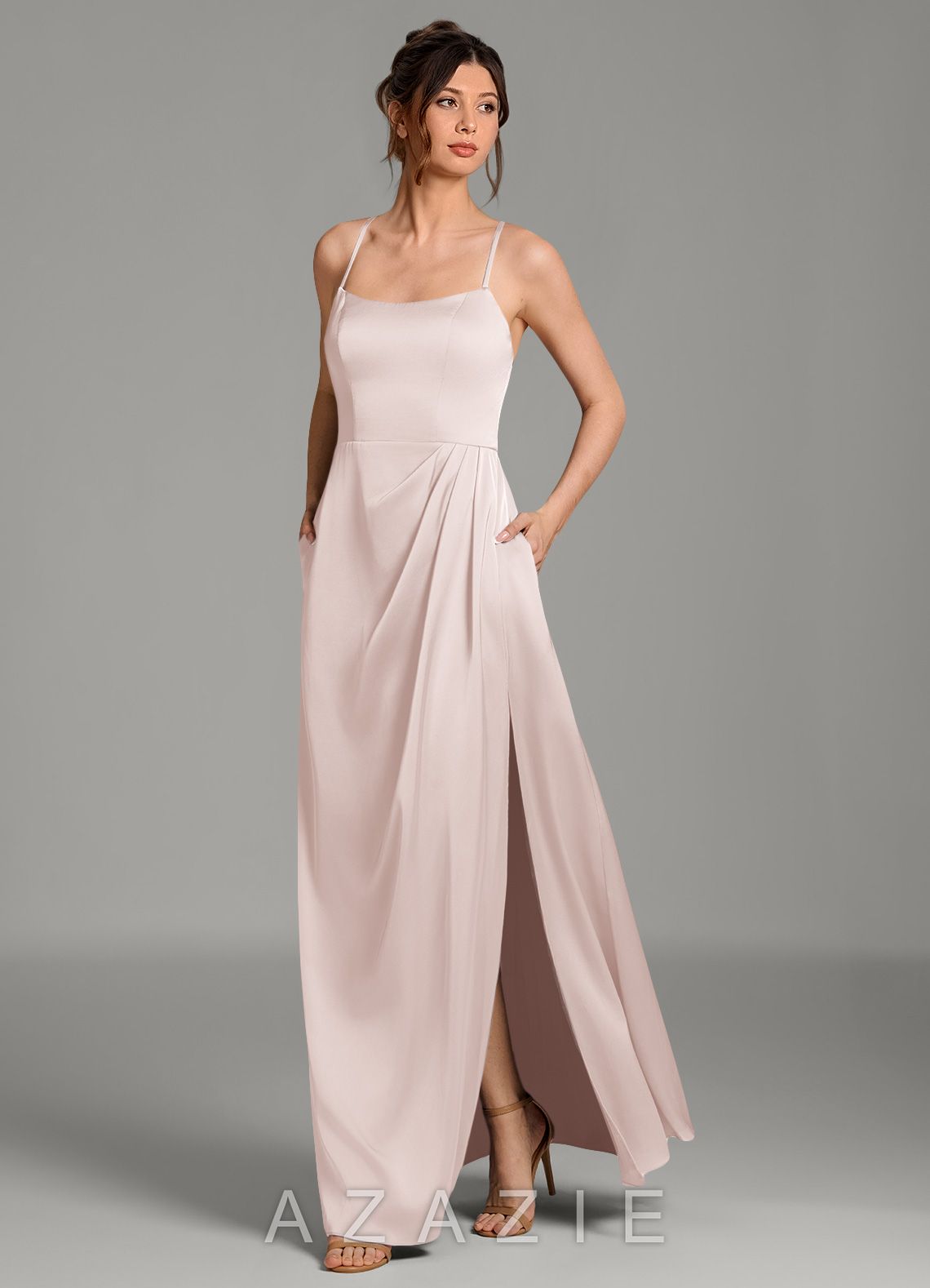 Azazie Frankie Blushing Pink A-Line Pleated Stretch Satin Dress blushing_pink