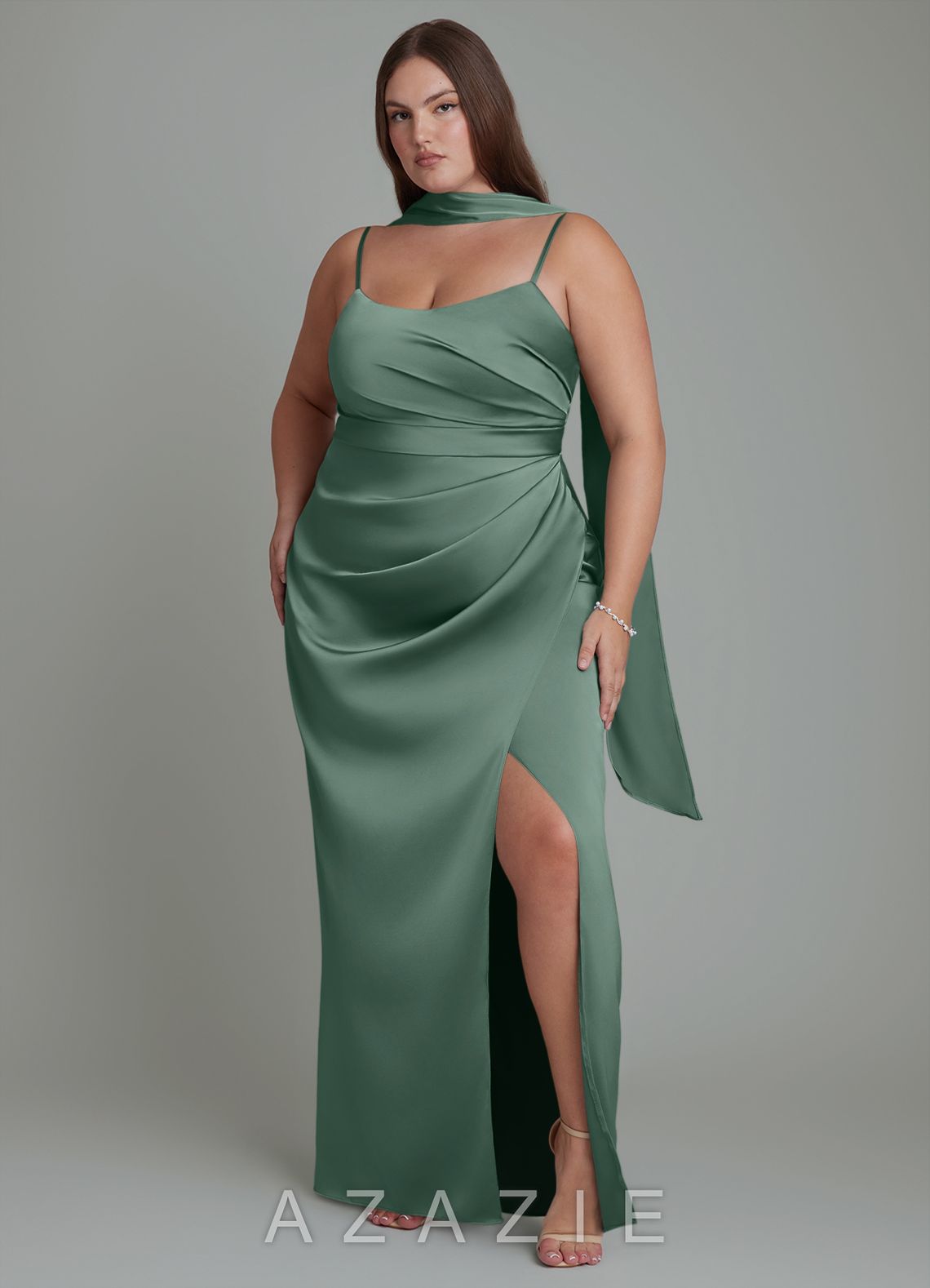 Azazie Calandra Eucalyptus Sheath Pleated Stretch Satin Dress eucalyptus