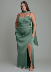 Azazie Calandra Eucalyptus Sheath Pleated Stretch Satin Dress eucalyptus