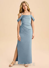 Azazie Saige Junior Dusty Blue Sheath Off the Shoulder Stretch Satin Dress dusty_blue