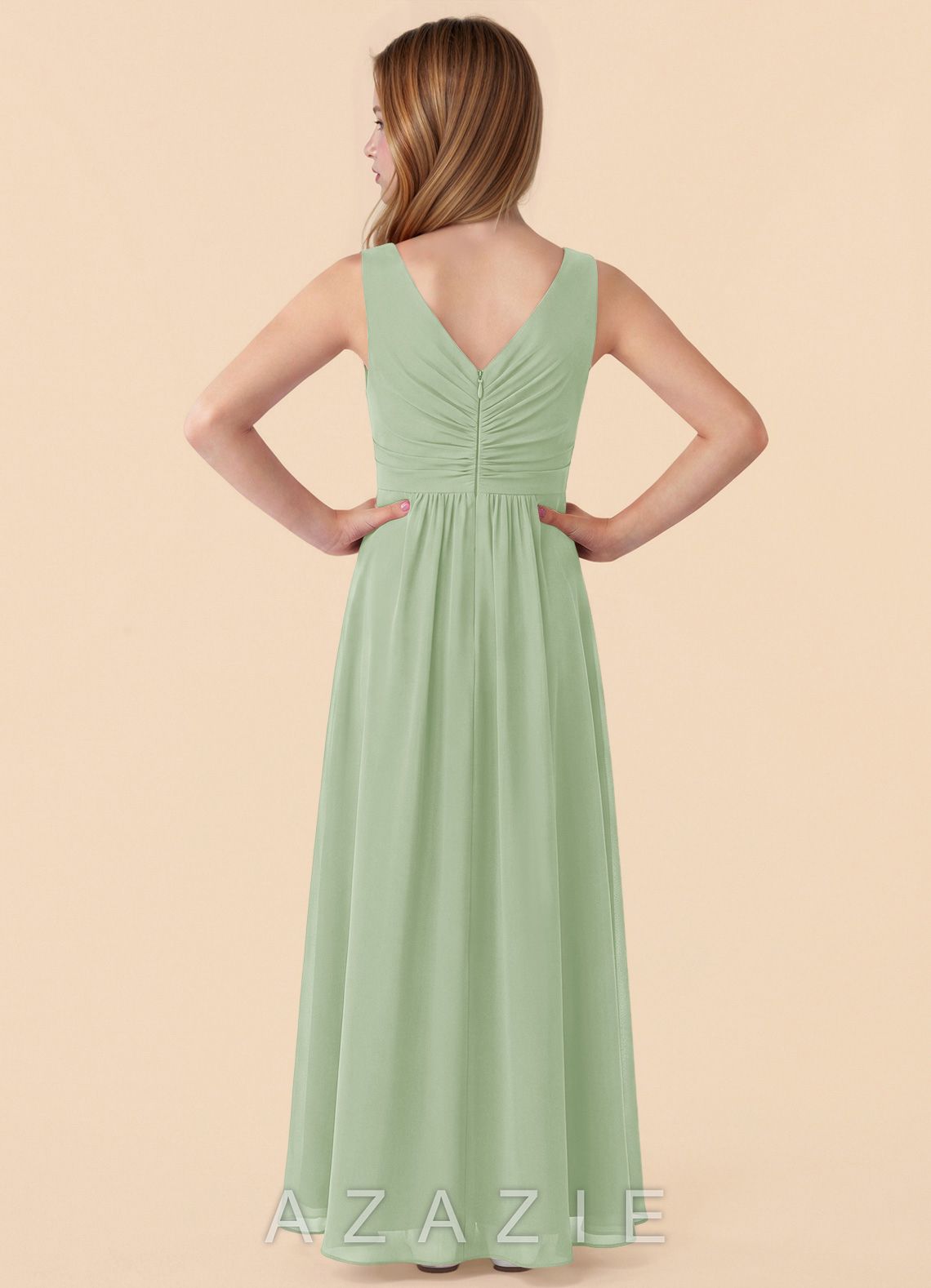 Azazie Skyla Junior Dusty Sage A-Line Pleated Chiffon Dress dusty_sage