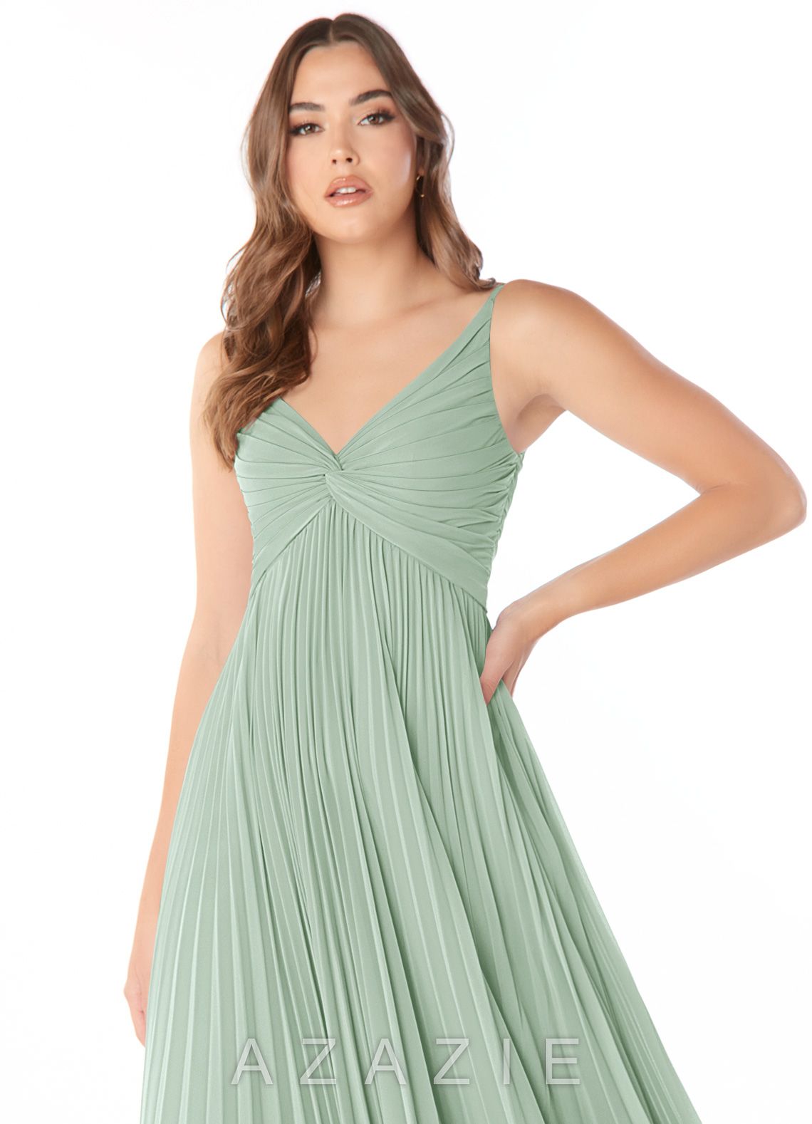Azazie Raychelle Agave A-Line V-Neck Chiffon Dress agave
