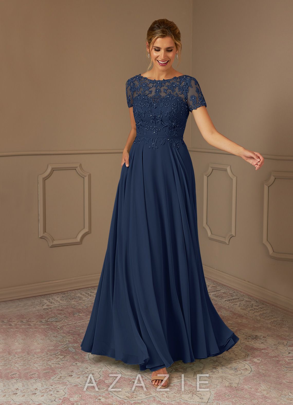 Azazie Adina Dark Navy A-Line Boatneck Sequins Chiffon Dress