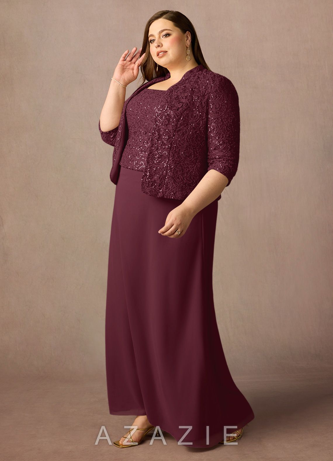 Azazie Cornelia Cabernet Sheath Square Neckline Sequins Chiffon Dress cabernet