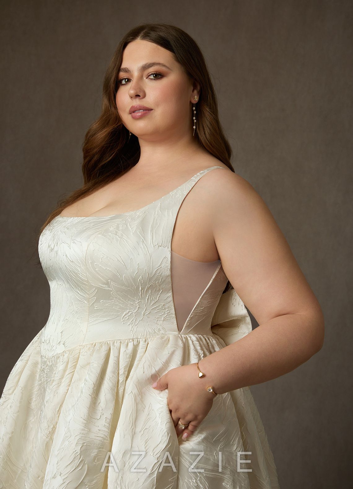 Azazie Skylin Antique White Ball-Gown with Pockets Floral Jacquard Dress antique_white