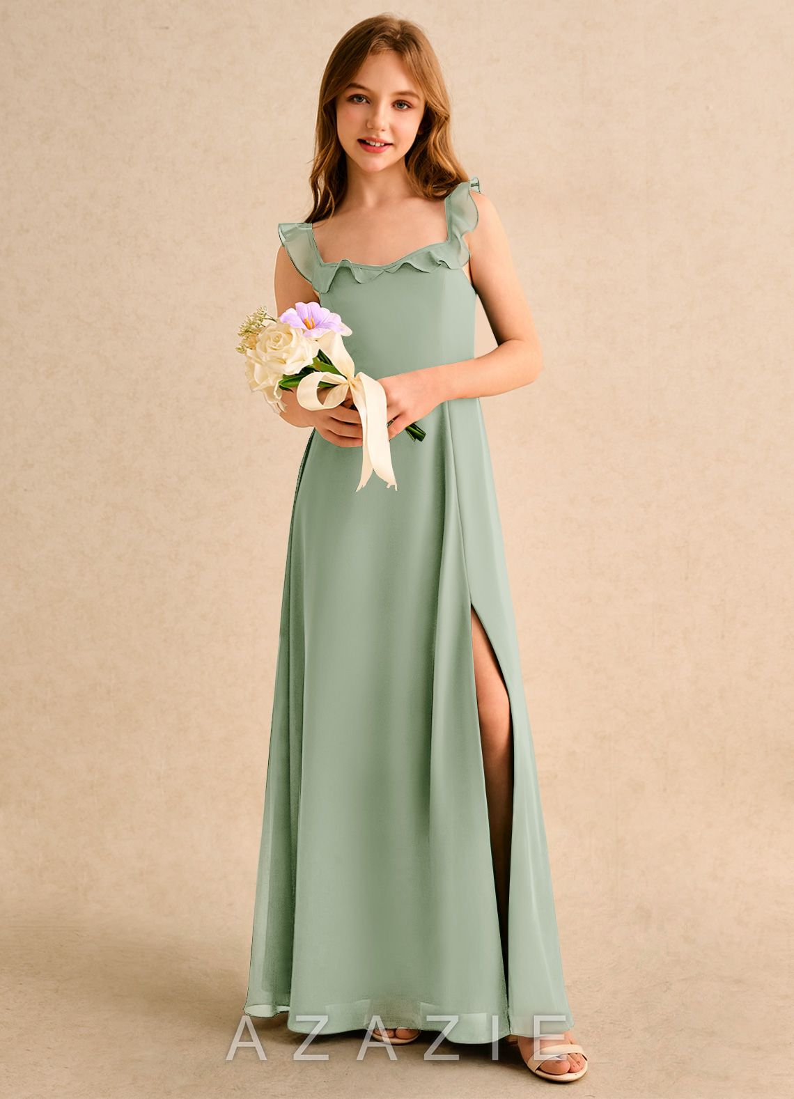 Azazie Chip Girls Formal Dusty Sage A-Line Sleeveless Chiffon Dress dusty_sage