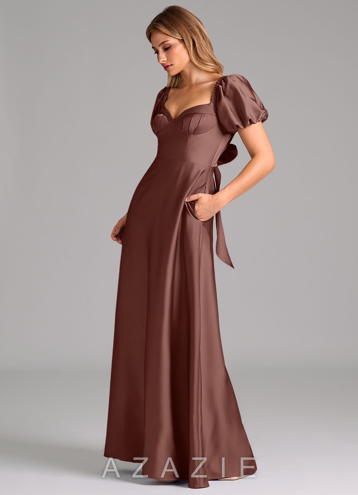Azazie Fatima Espresso A-Line Sweetheart Neckline Stretch Satin Dress espresso