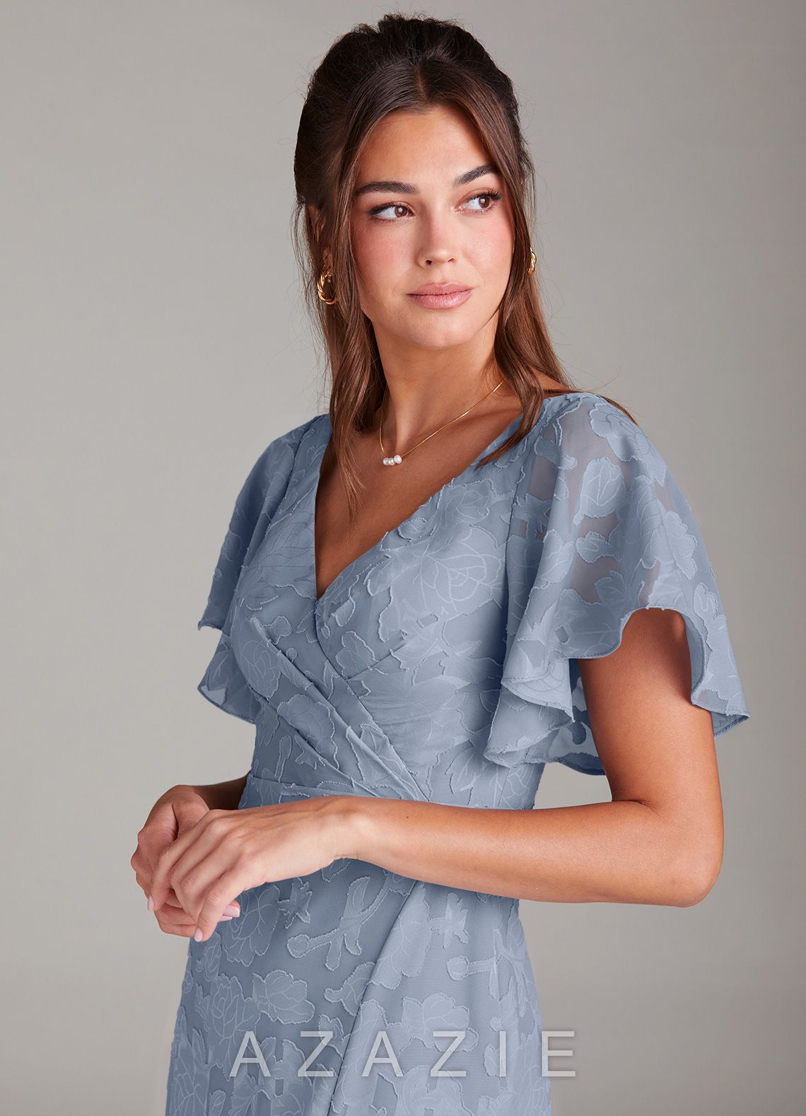 Azazie Ambrosia Dusty Blue A-Line Pleated Floral Burnout Dress dusty_blue