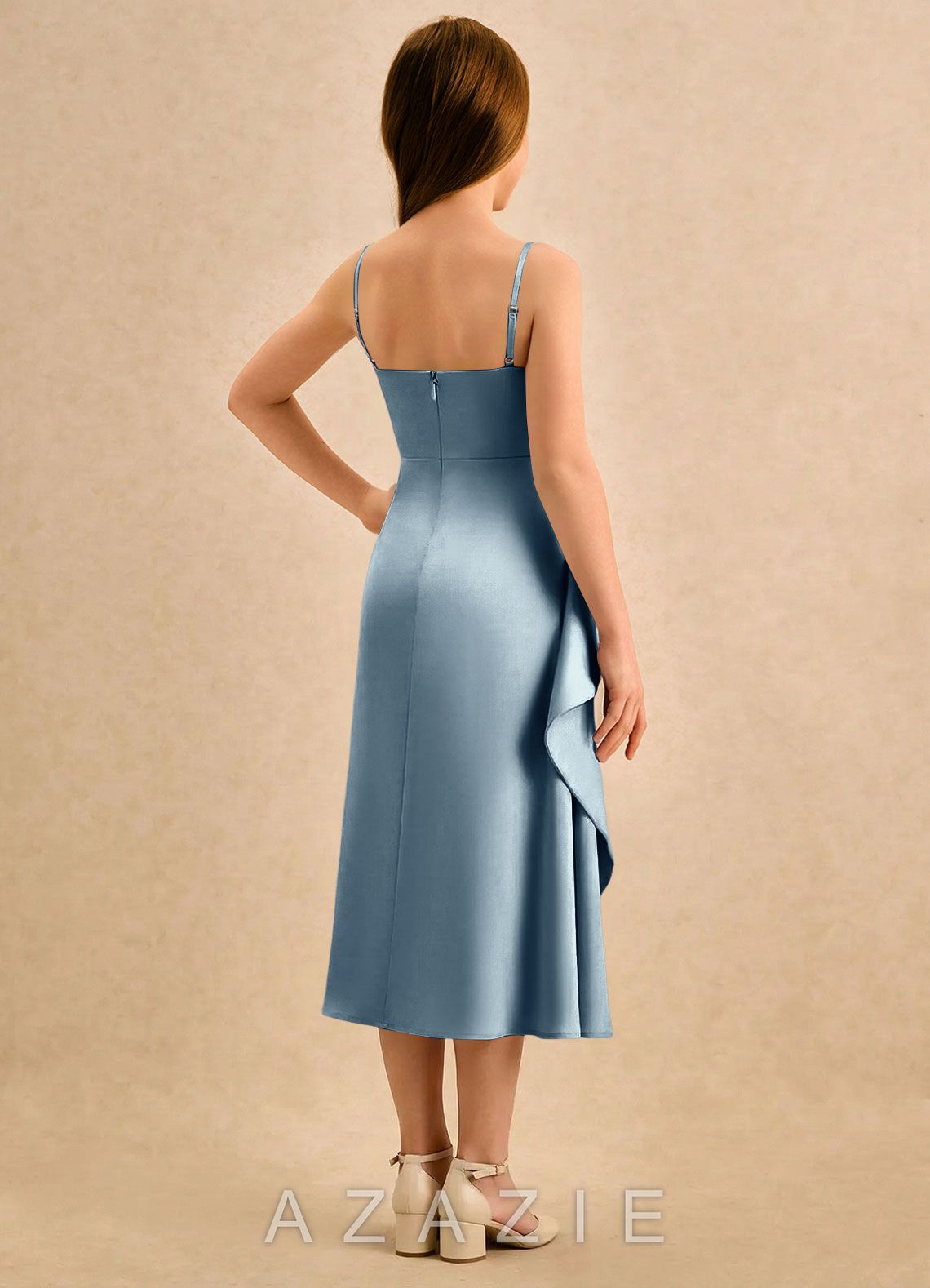 Azazie Canna Girls Formal Dusty Blue A-Line Pleated Stretch Satin Dress dusty_blue