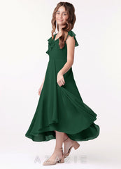 Azazie Posie Junior Dark Green A-Line Ruched Chiffon Dress