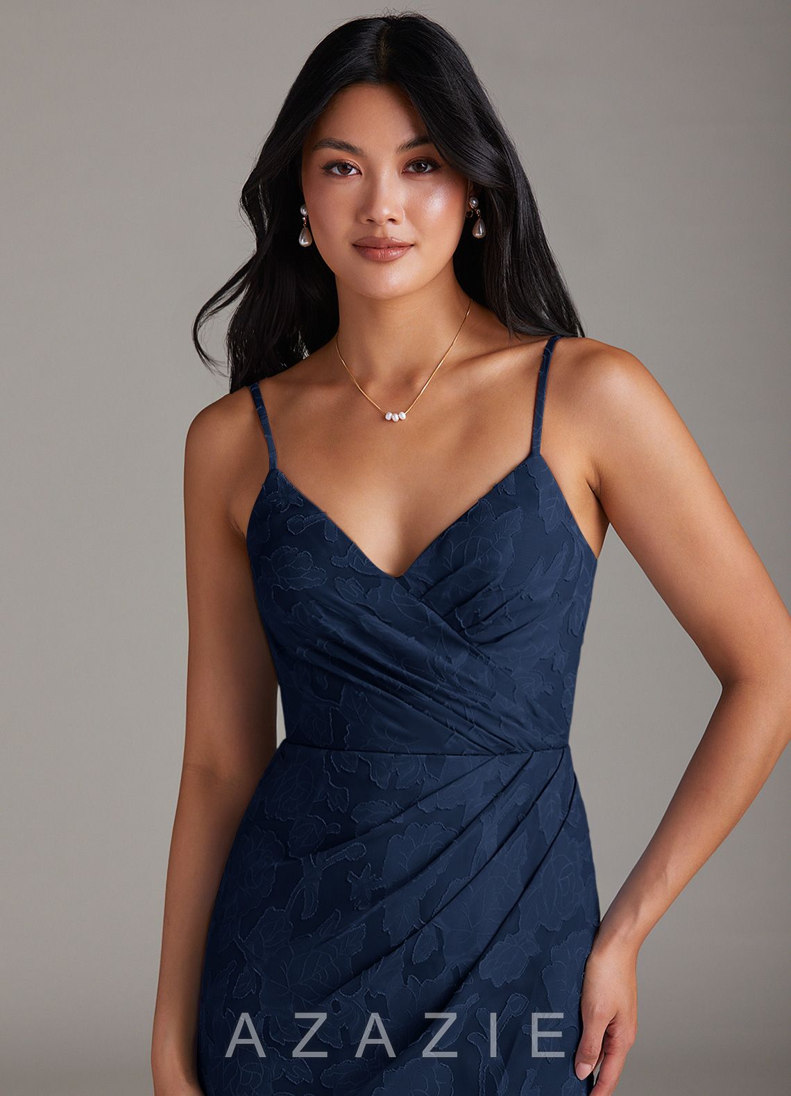 Azazie Maci Dark Navy Sheath Pleated Floral Burnout Dress dark_navy