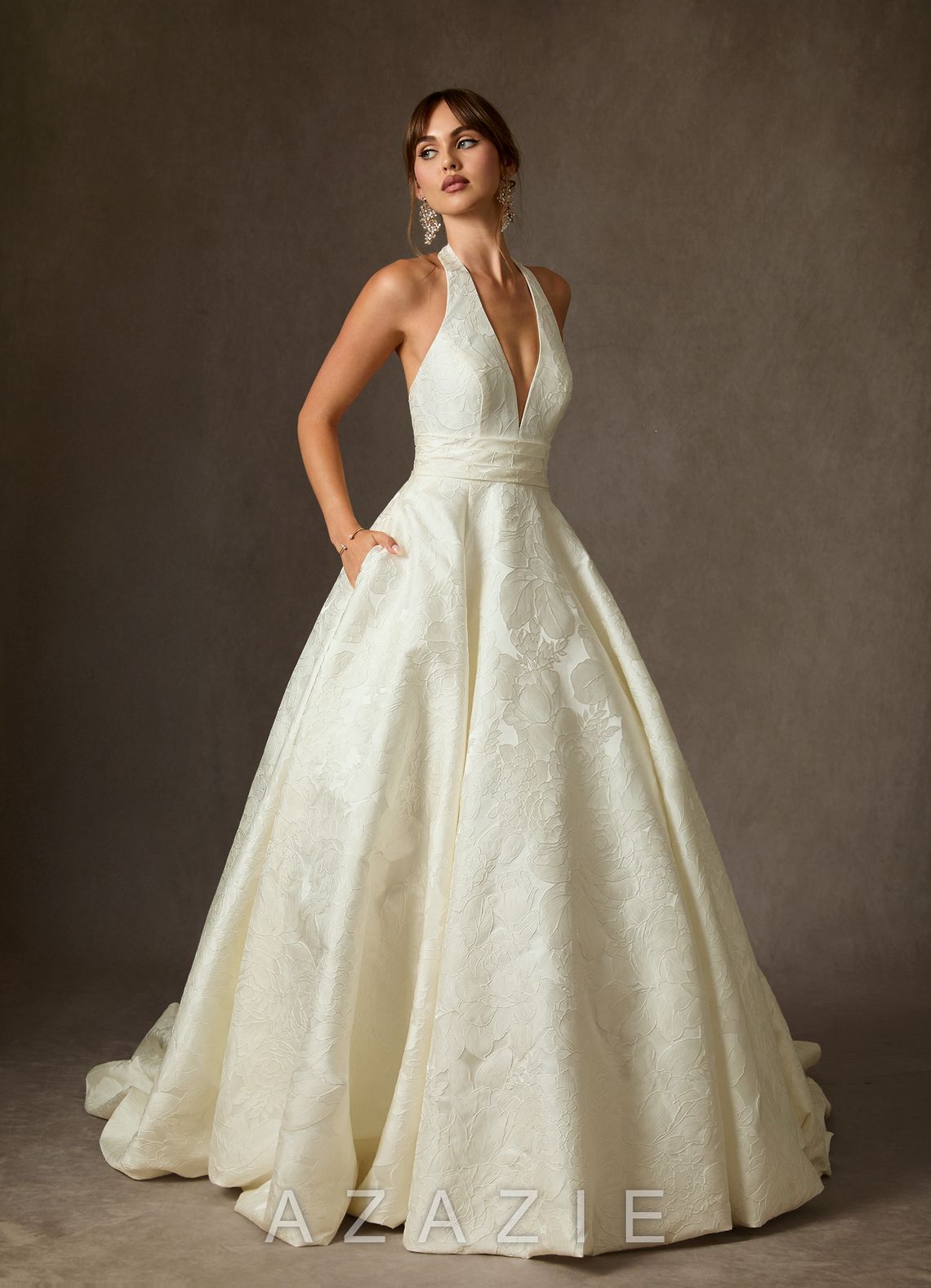 Azazie Saphira Antique White Ball-Gown with Pockets Floral Jacquard Dress