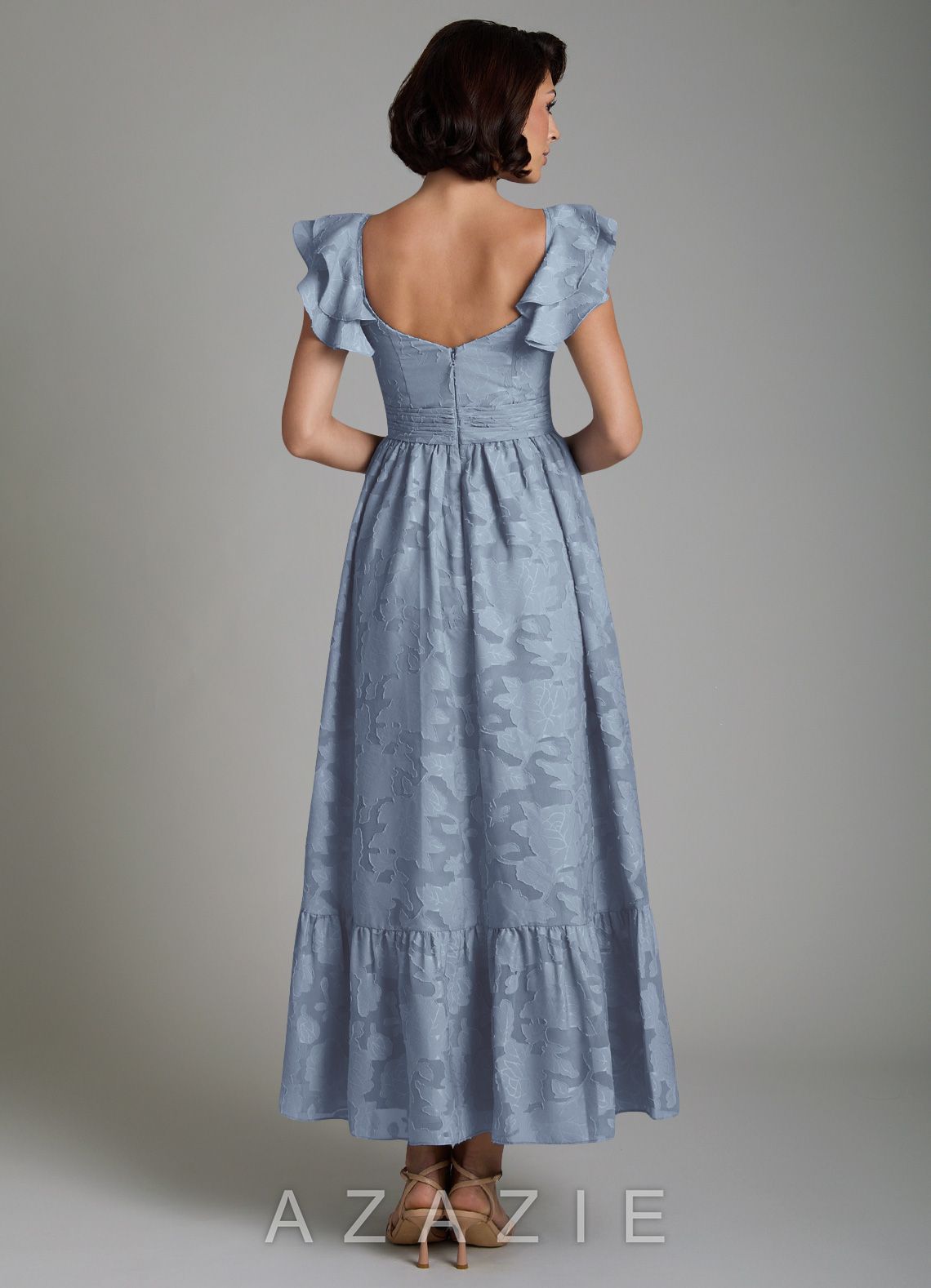 Azazie Anaya Dusty Blue A-Line Ruched Floral Burnout Dress dusty_blue