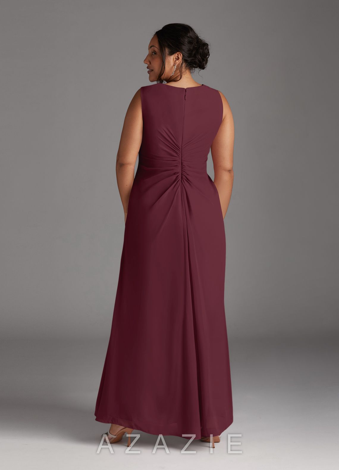 Azazie Manuella Cabernet A-Line V-Neck Pleated Chiffon Dress cabernet