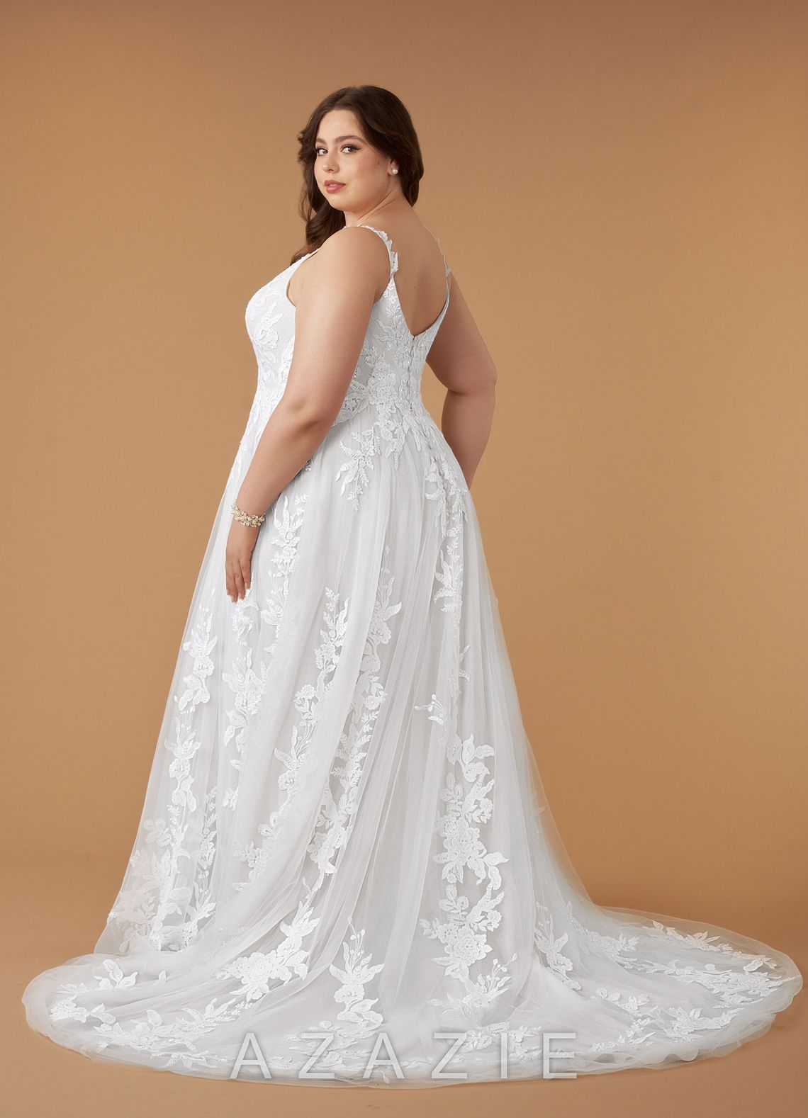 Azazie Delaina Wedding Dress Diamond White A-Line V-Neck Sequins Tulle Dress diamond_white