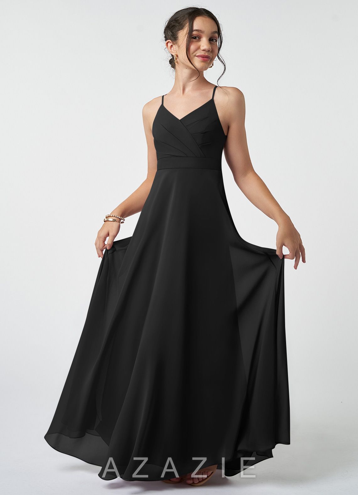 Azazie Avelina Junior Black A-Line Pleated Chiffon Dress