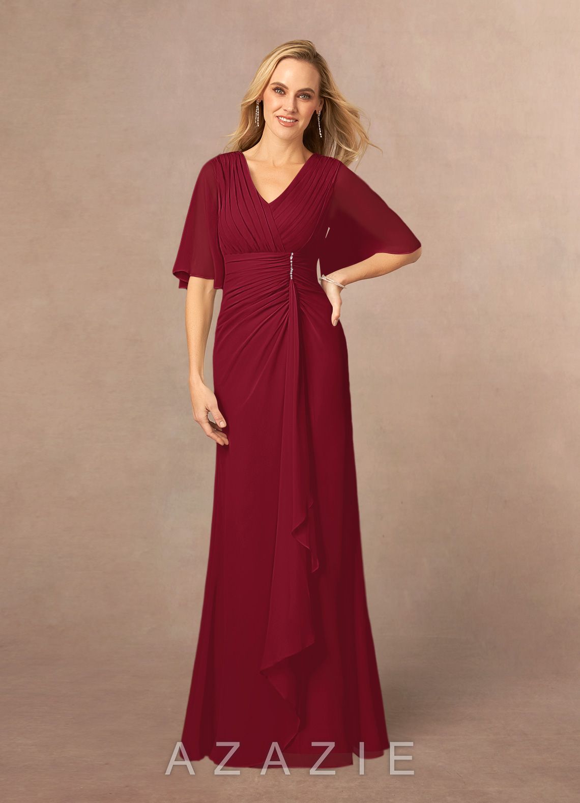 Azazie Carson Burgundy A-Line V-Neck Lace Chiffon Dress