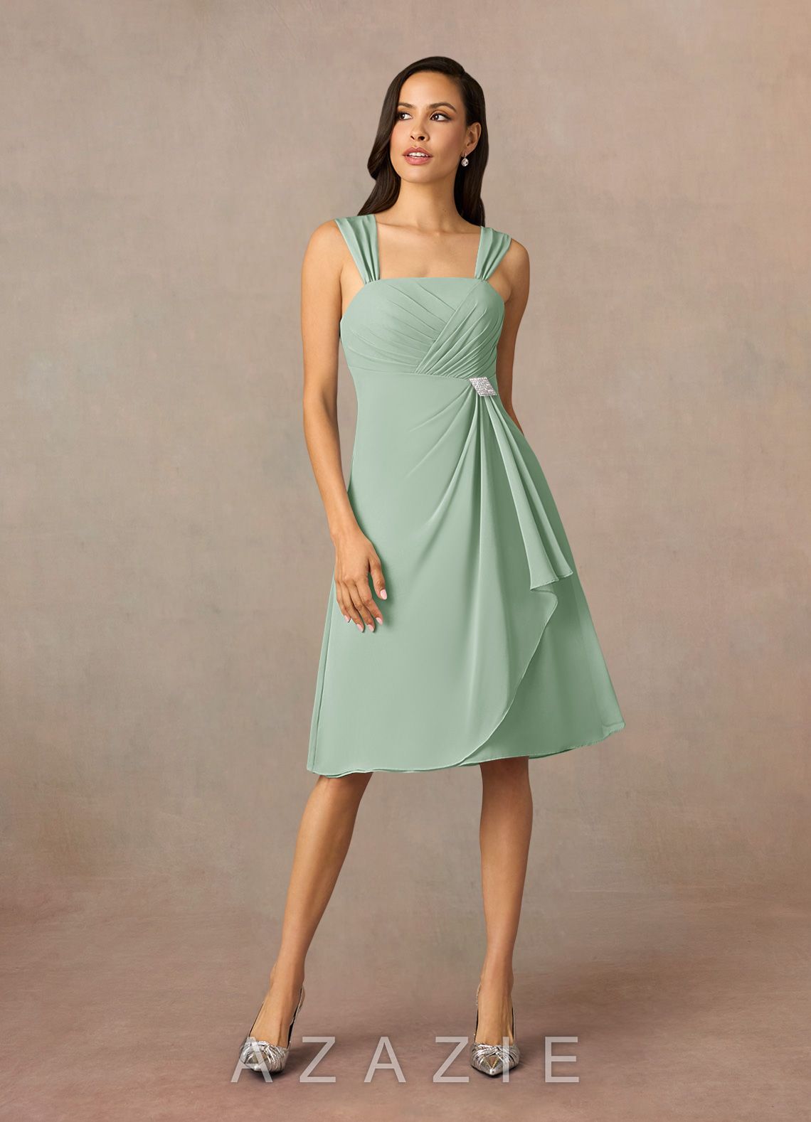 Azazie Olivia Agave A-Line Square Neckline Pleated Chiffon Dress agave