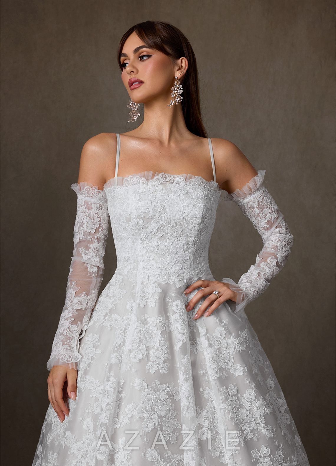 Azazie Hinata Diamond White Ball-Gown Strapless Lace Dress diamond_white
