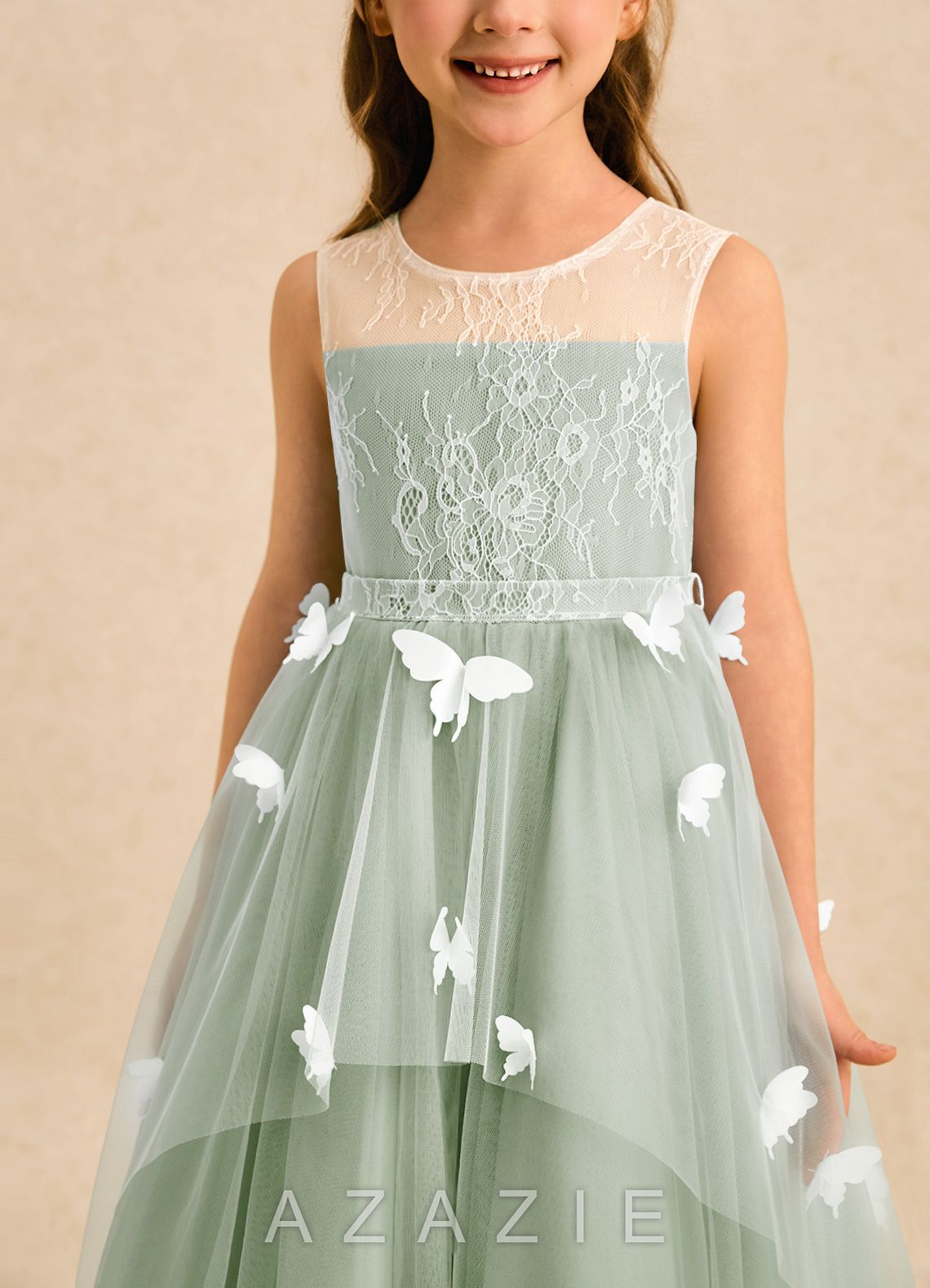 Azazie Mariposa Dusty Sage Ball-Gown Lace Tulle Dress dusty_sage