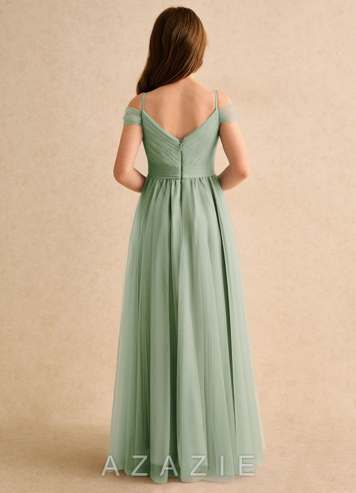 Azazie Yuna Girls Formal Dusty Sage A-Line Off the Shoulder Tulle Dress dusty_sage