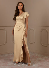 Azazie Roya Champagne Mermaid V-Neck Pleated Stretch Satin Dress