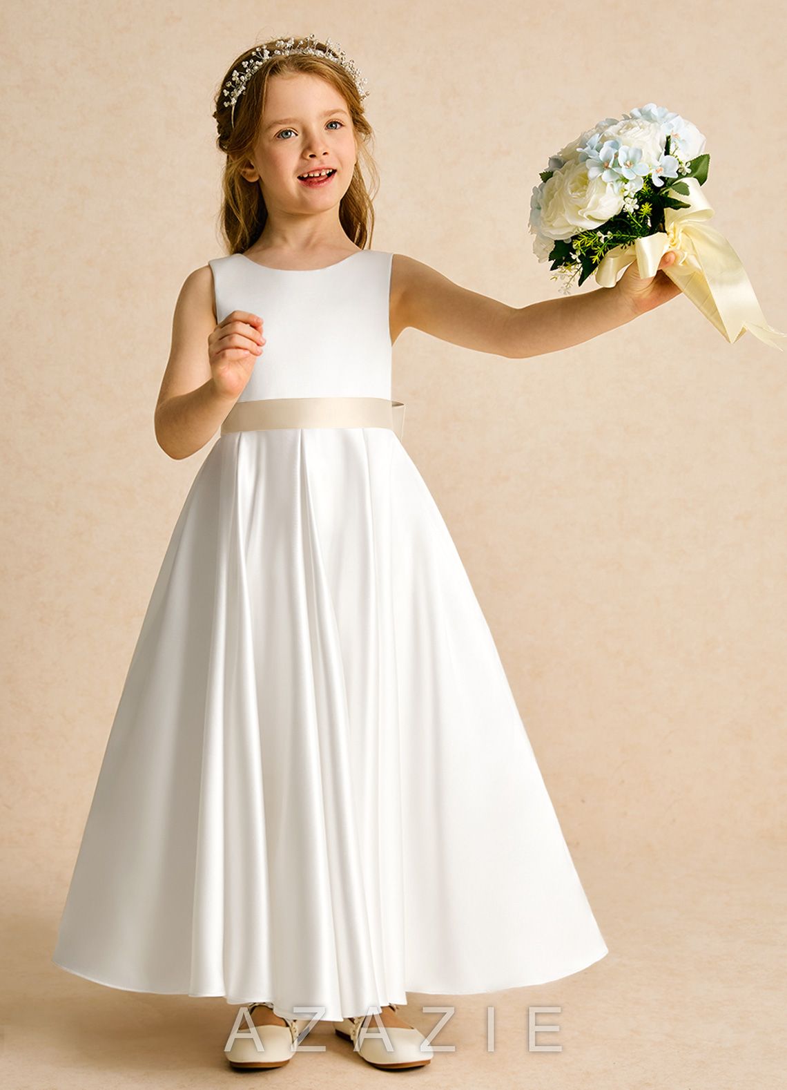 Azazie Cherry Ivory Champagne Ball-Gown Pleated Matte Satin Dress ivory/champagne