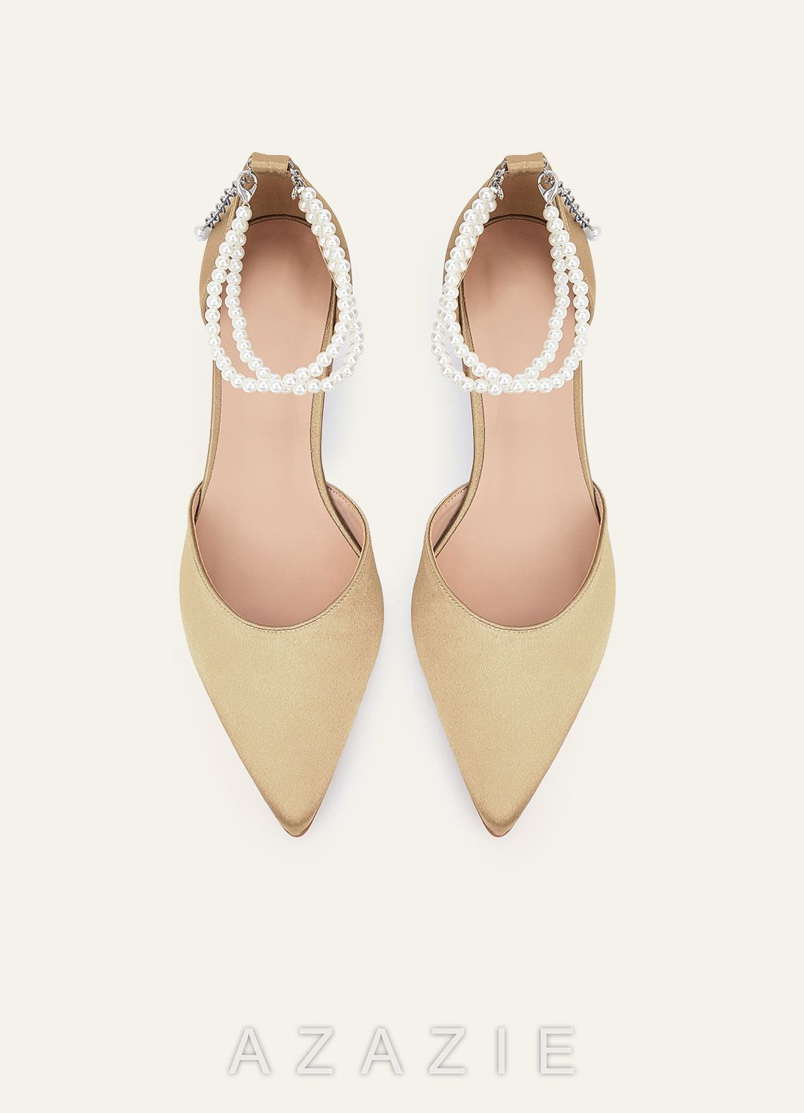 Matching Color Metallic Satin Pearl Strap Pointed Toe Block Heels & Shell-Shape Pleated Clutch Bag  champagne