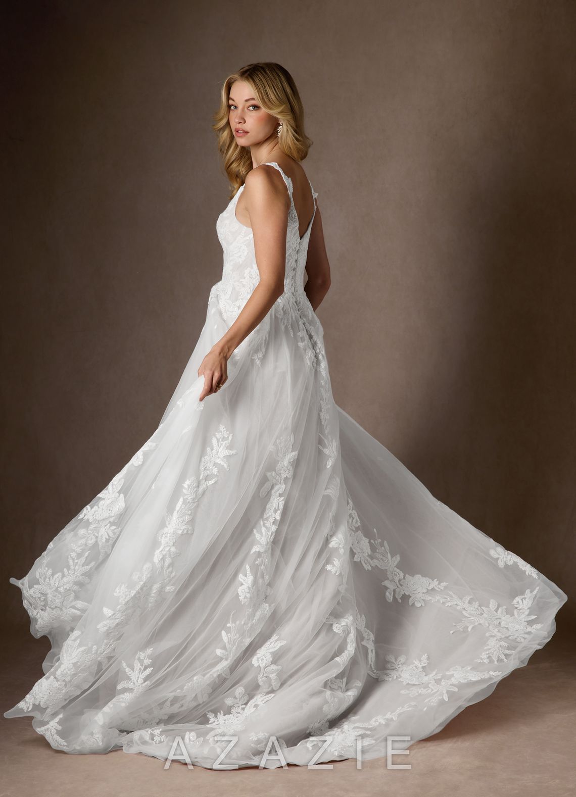 Azazie Delaina Wedding Dress Diamond White A-Line V-Neck Sequins Tulle Dress diamond_white