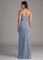 Azazie Eren Dusty Blue Sheath One Shoulder Floral Burnout Dress dusty_blue