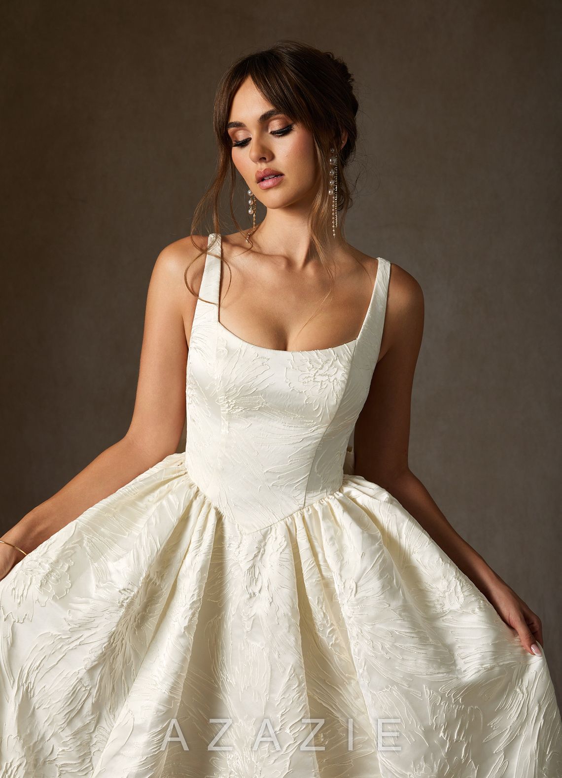 Azazie Skylin Antique White Ball-Gown with Pockets Floral Jacquard Dress antique_white