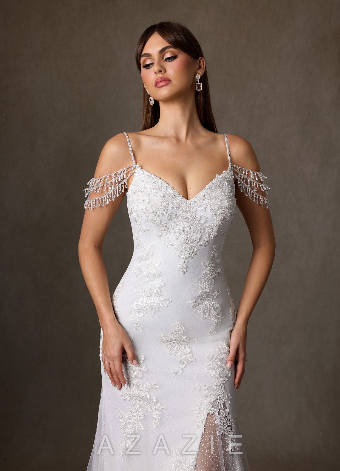 Azazie Saskia Wedding Dress Diamond White Mermaid Sequins Tulle Dress diamond_white