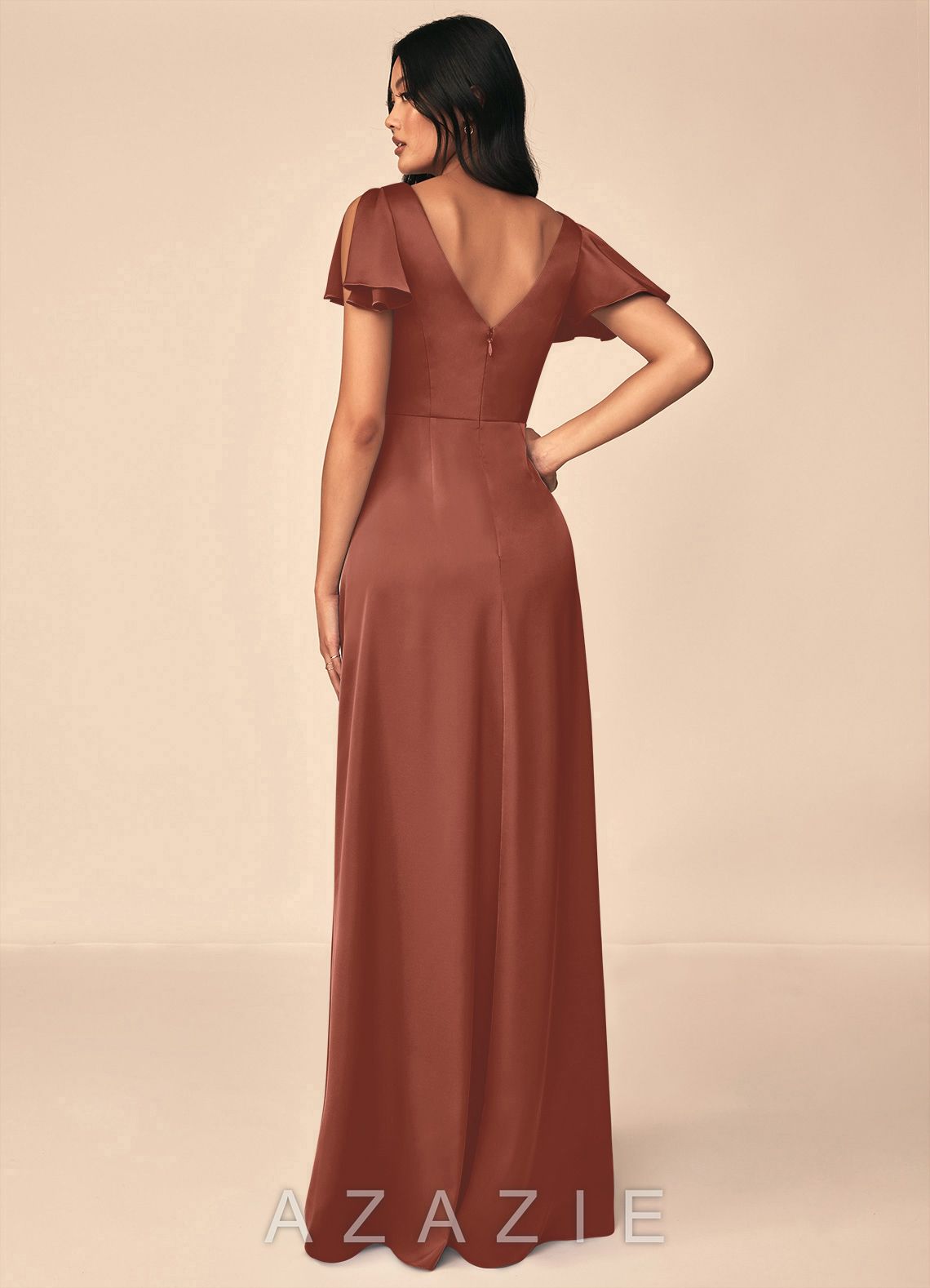 Azazie Soren Auburn A-Line Pleated Stretch Satin Dress auburn