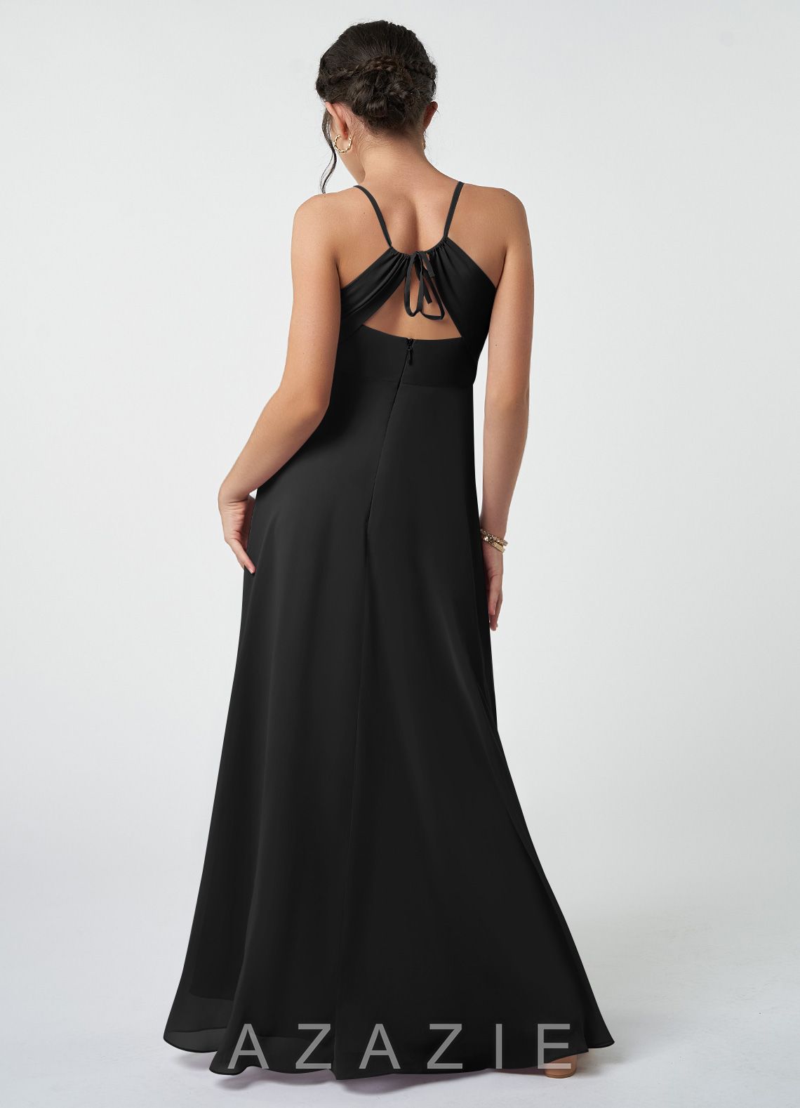 Azazie Avelina Junior Black A-Line Pleated Chiffon Dress black