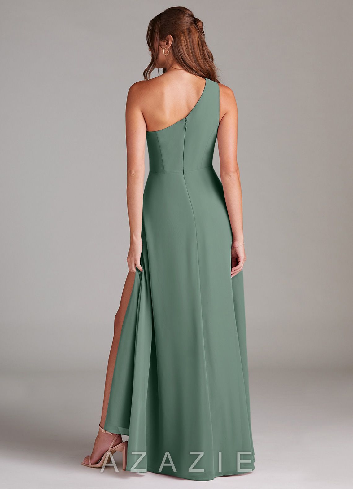Azazie Brooke Eucalyptus A-Line One Shoulder Chiffon Dress eucalyptus