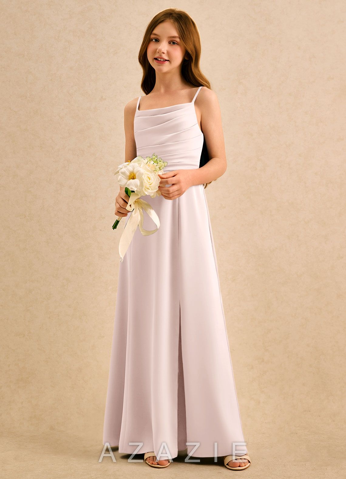 Azazie Chamomile Girls Formal Blushing Pink A-Line Pleated Stretch Satin Dress blushing_pink