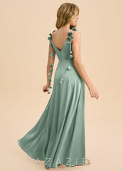 Azazie Gumdrop Junior Agave Empire Pleated Stretch Satin Dress